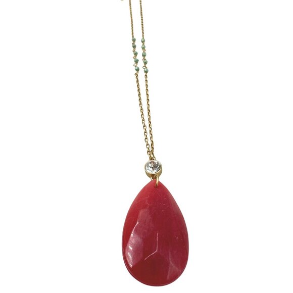 Gold Tone Necklace Rhodochrosite Colored Teardrop Pendant Mid-Century Modern - Picture 11 of 14
